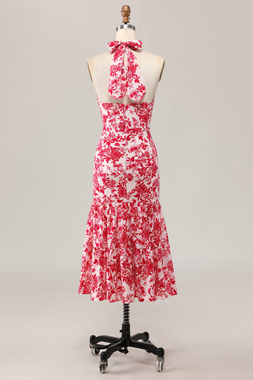 Mermaid Halter Printed Red Flower Midi Wedding Guest Dress